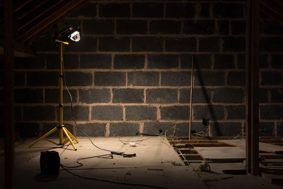 A dimly lit attic space under renovation with a construction lamp illuminating the scene.